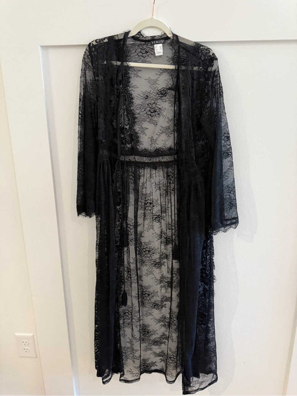 VENUS Sheer Black Lace Duster Robe with Waist Tie